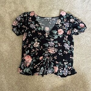 American Eagle Black Flowered Tied Blouse, Size S